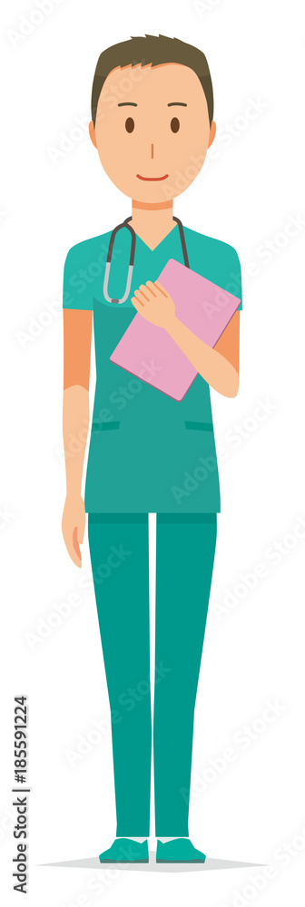 A male doctor wearing a green scrub has a file