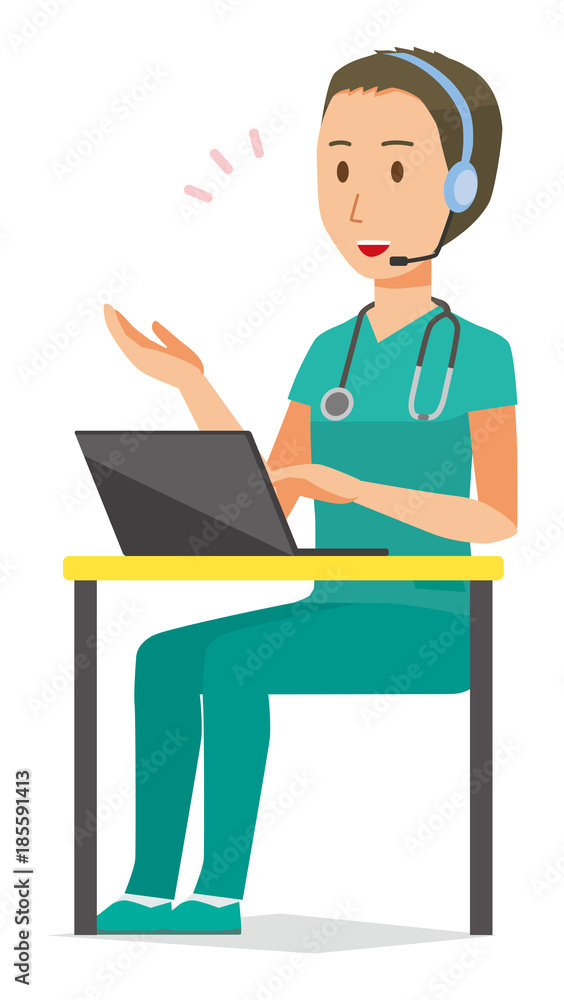 A male doctor wearing a green scrub is talking on the headset A male doctor wearing a green scrub is talking on the headset