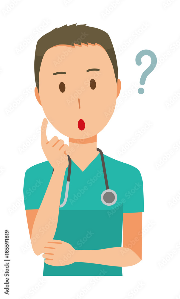 A male doctor wearing a green scrub is thinking A male doctor wearing a green scrub is thinking