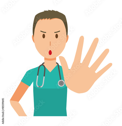 A male doctor wearing a green scrub has given out his hand