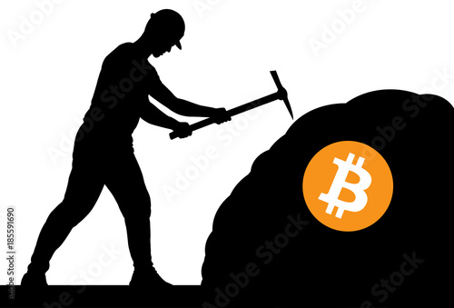 mining bitcoin concept - miner silhouette - vector