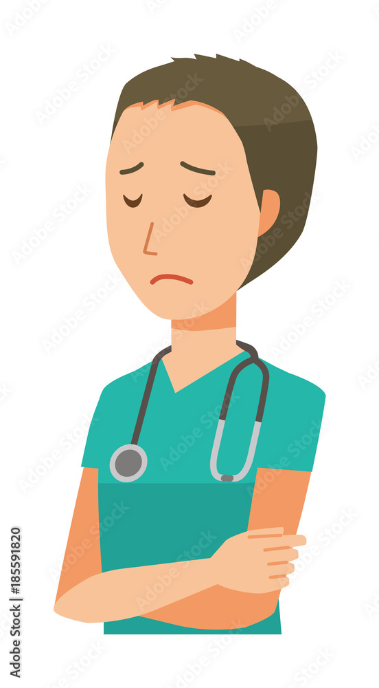 Male doctor in green scrub is depressed Male doctor in green scrub is depressed