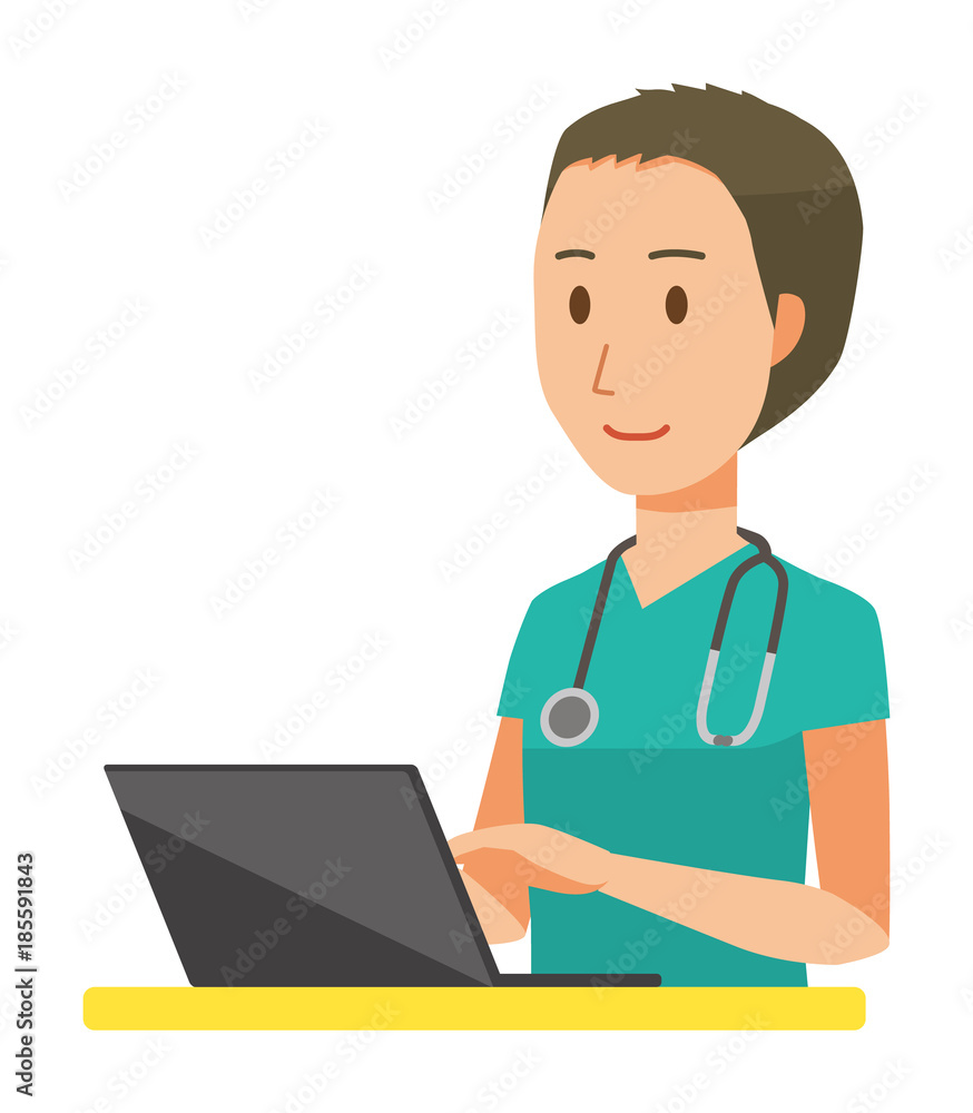 A male doctor wearing a green scrub is operating a laptop computer A male doctor wearing a green scrub is operating a laptop computer