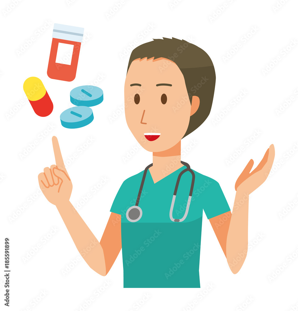 A male doctor wearing a green scrub explains the medicine A male doctor wearing a green scrub explains the medicine