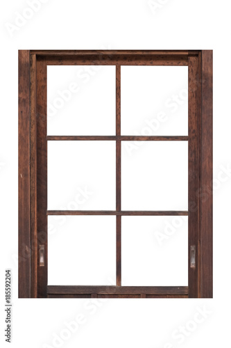 Brown wood window frame isolated on white background
