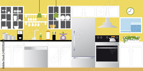 Interior of a modern freshly renovated modern kitchen, EPS 8 vector illustration. 