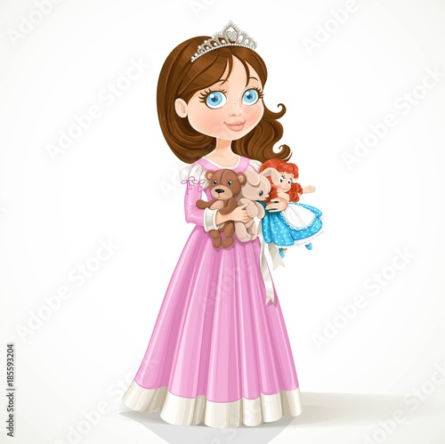 Beautiful little princess in tiara holding soft toys isolated on