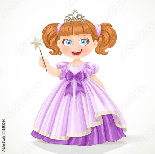 Cute little princess in purple dress and tiara holding magic wan