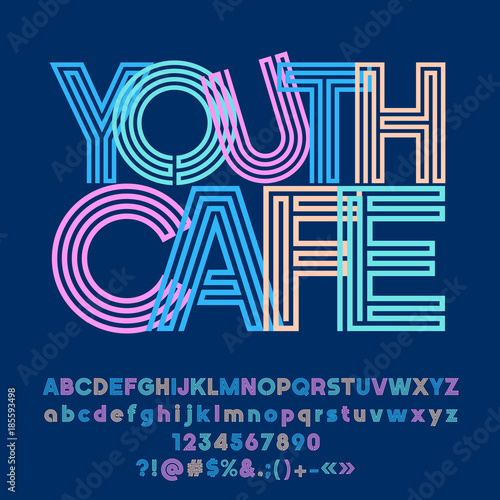 Vector bright abstract logo Youth Cafe. Set of colorful maze Alphabet letters, Numbers and Punctuation Symbols