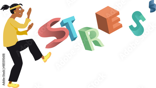 Woman fighting stress with taichi or other martial arts exercise, EPS 8 vector illustration