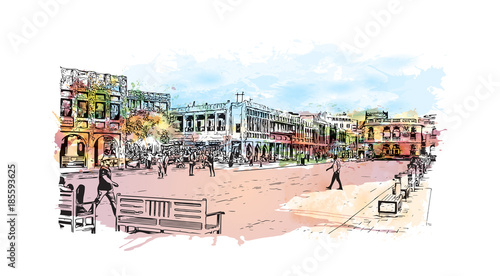Doha City skyline, Qatar. Watercolor splash with hand drawn sketch in vector illustration.