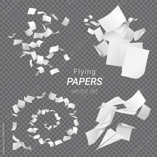 Vector set of different groups of flying papers and paper planes isolated on transparent background