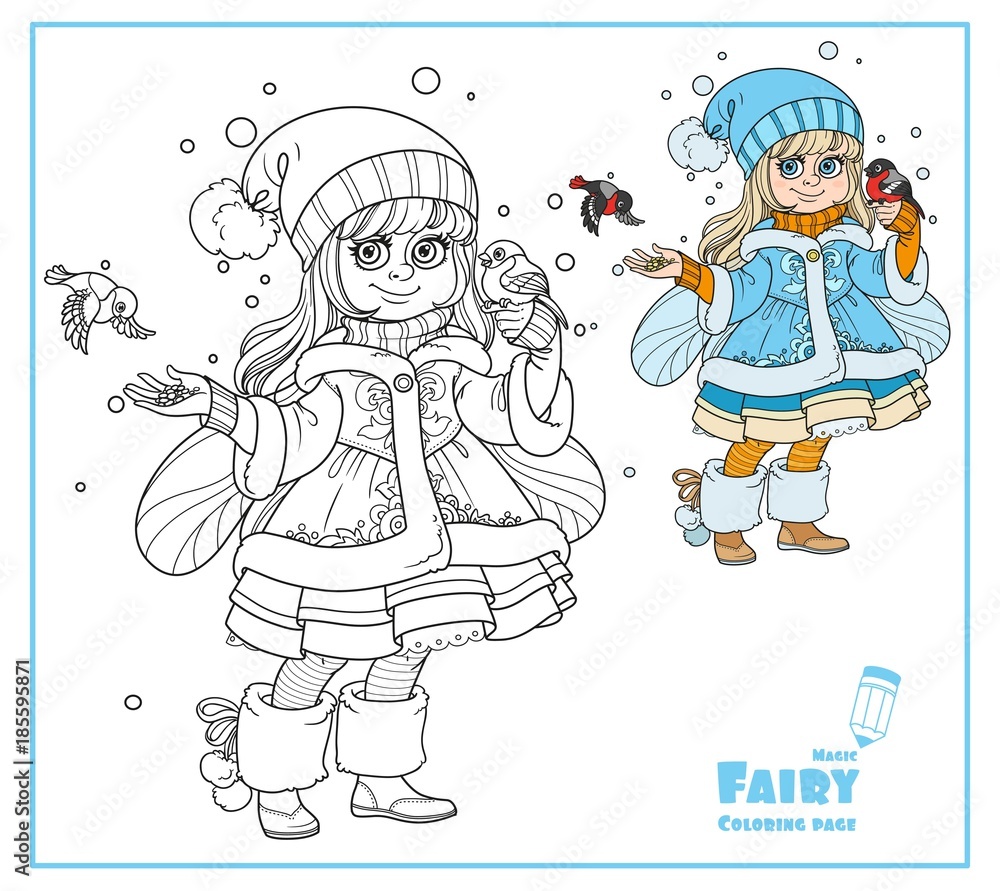 Winter fairy feeds the bullfinches color and outlined isolated on a white background