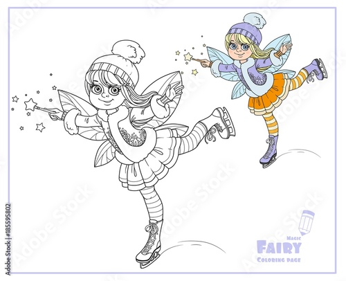 Winter fairy ice skating color and outlined isolated on a white background
