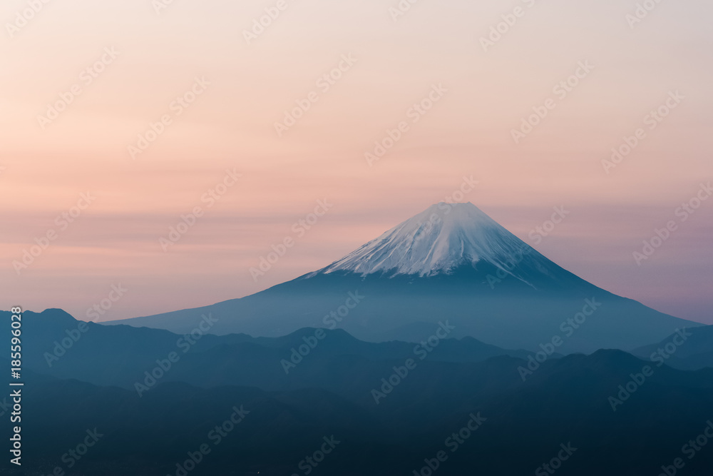 Top of Mt. Fuji with sunrise sky in spring season