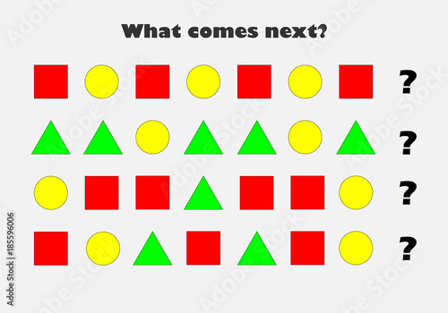 What comes next with different colorful geometric shapes for children, fun education game for kids, preschool worksheet activity, task for the development of logical thinking, vector illustration