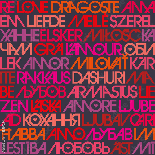 Love typography. Seamless texture with love in multiple different languages. Avant-garde typography.