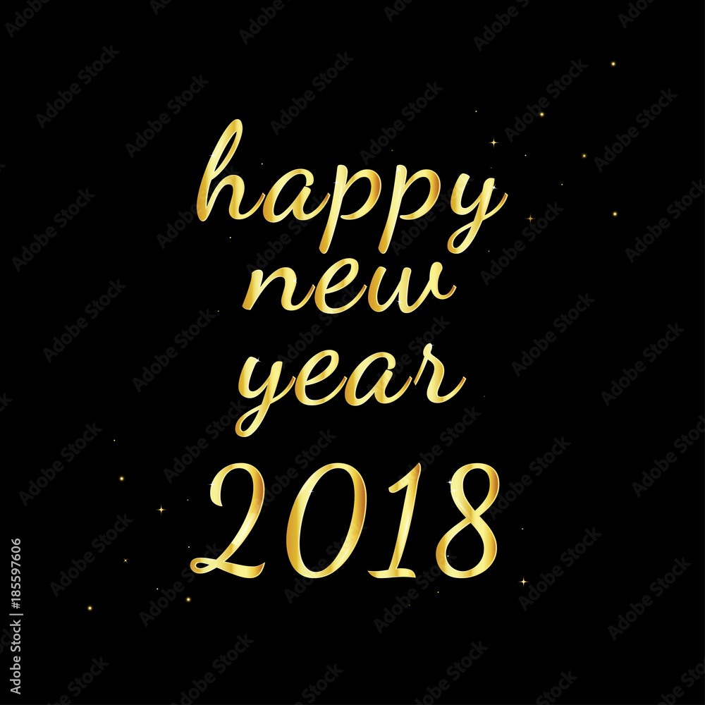Happy New Year 2018 greeting card. vector illustration, Golden text on dark background.