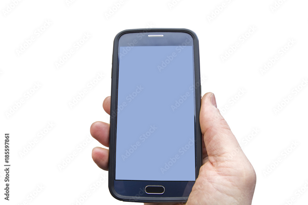 Modern black phone with rounded edges in man hand. Blue screen for mockup, isolated on white background Modern black phone with rounded edges in man hand. Blue screen for mockup, isolated on white background