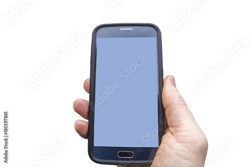 Modern black phone with rounded edges in man hand. Blue screen for mockup, isolated on white background