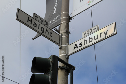 Straßenschilder 'Height' und 'Ashbury' an der gleichnbamigen Straßenkreuzung in Height Ashbury.Where: San Francisco, USA.When: 08.07.2013. photo