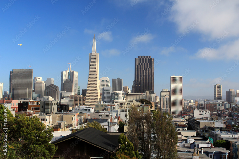 Skyline von San Francisco mit Transamerica Pyramid fotografiert vom Telegraph Hill aus.Where: San Francisco, USA.When: 07.07.2013.