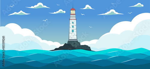 Blue sea with waves and lighthouse.
