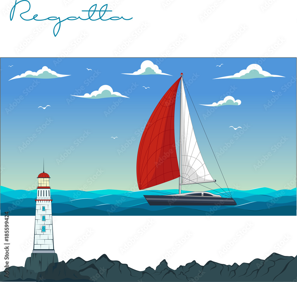 Naklejka premium Blue sea with yacht and lighthouse.