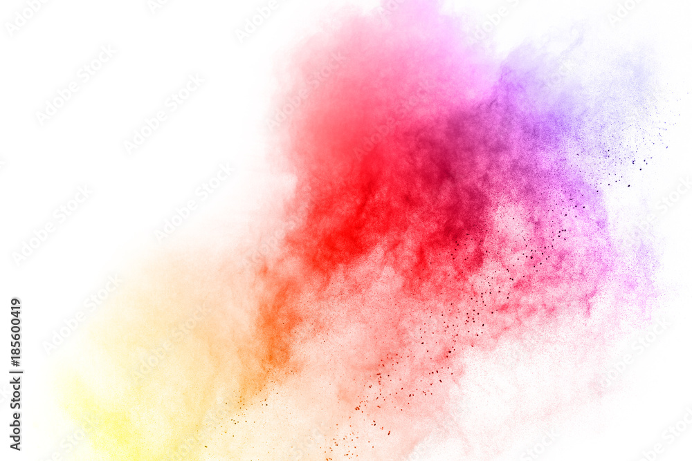 Fototapeta premium abstract multicolored powder splatted on white background,Freeze motion of color powder exploding.