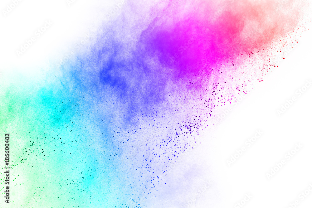 abstract multicolored powder splatted on white background,Freeze motion of color powder exploding.