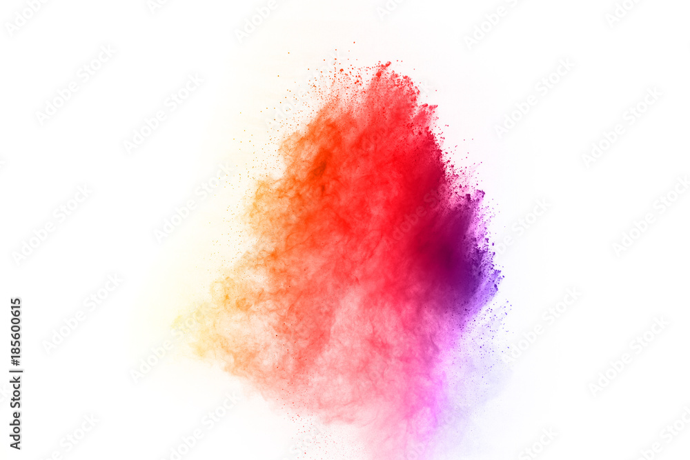 abstract multicolored powder splatted on white background,Freeze motion of color powder exploding.