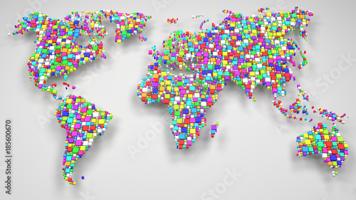 Decorative World Map | 3d Rendering: mosaic of little bricks - Harlequin colors