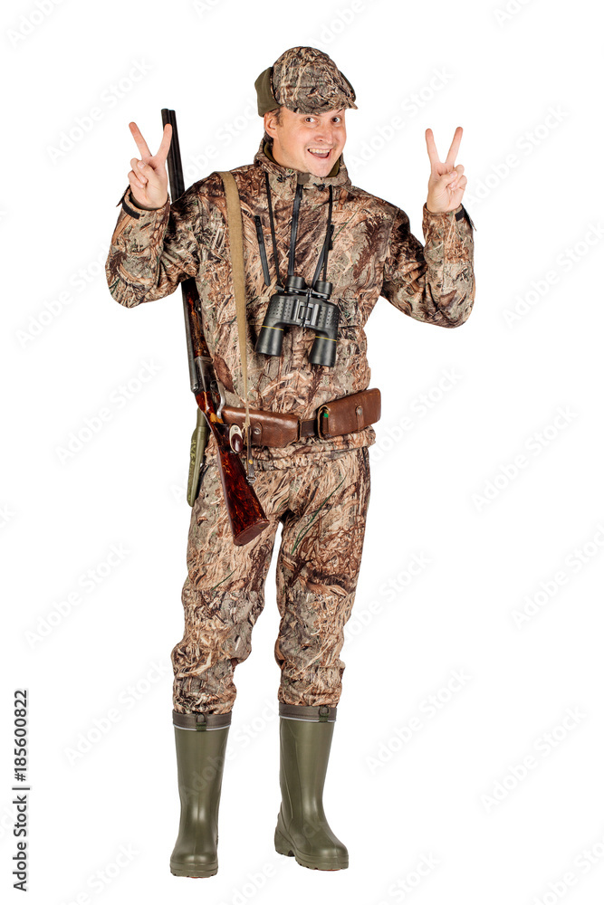 male hunter with double barreled shotgun Isolated on white background. hunting and people concept. male hunter with double barreled shotgun Isolated on white background. hunting and people concept.