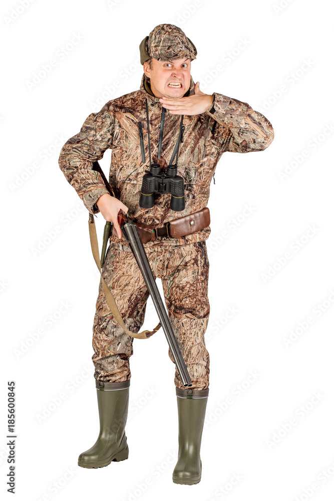 male hunter with double barreled shotgun Isolated on white background. hunting and people concept. male hunter with double barreled shotgun Isolated on white background. hunting and people concept.