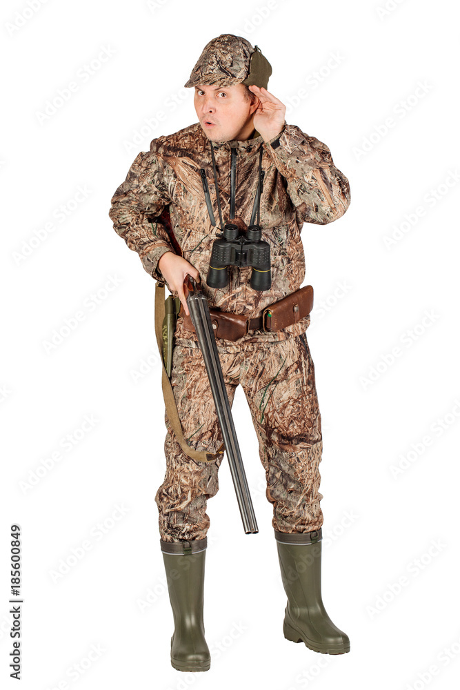 male hunter with double barreled shotgun Isolated on white background. hunting and people concept. male hunter with double barreled shotgun Isolated on white background. hunting and people concept.