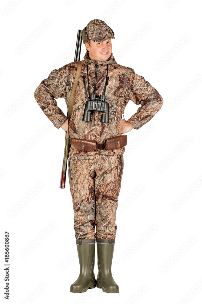 male hunter with double barreled shotgun Isolated on white background. hunting and people concept. male hunter with double barreled shotgun Isolated on white background. hunting and people concept.