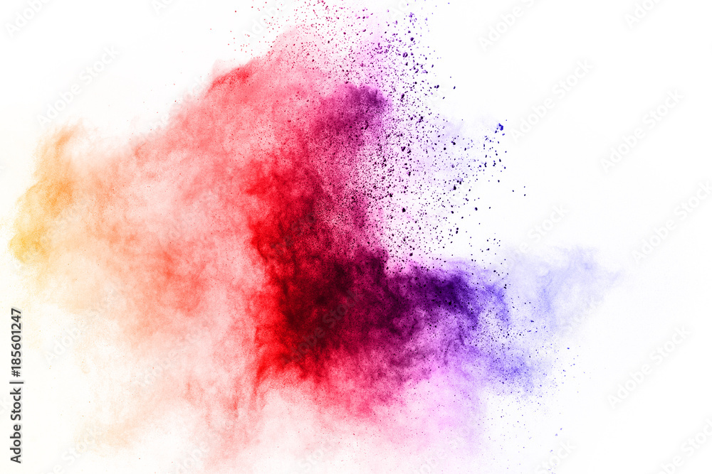abstract multicolored powder splatted on white background,Freeze motion of color powder exploding. abstract multicolored powder splatted on white background,Freeze motion of color powder exploding.