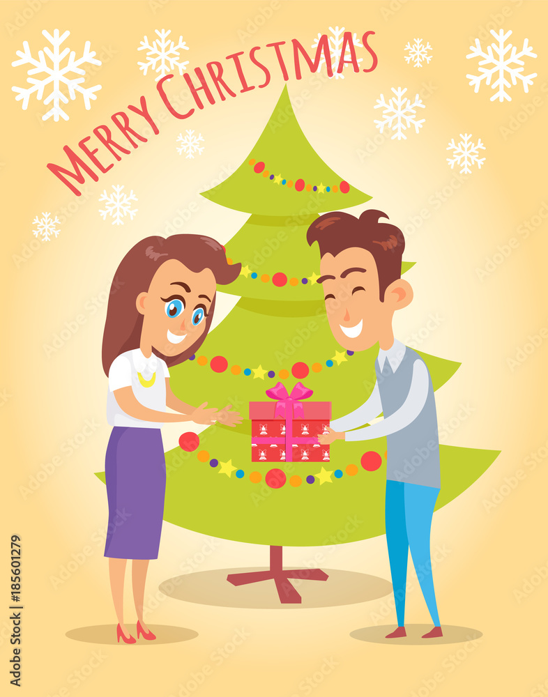 Fototapeta premium Merry Christmas Poster Husband Give Present Wife