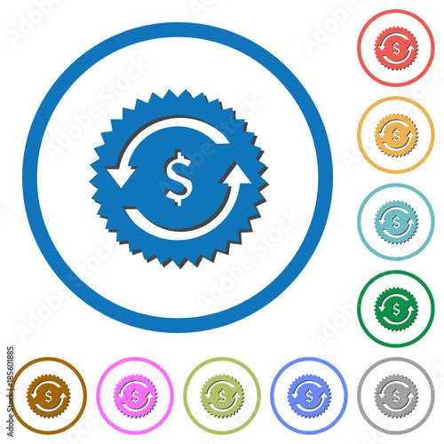 Dollar pay back guarantee sticker icons with shadows and outlines