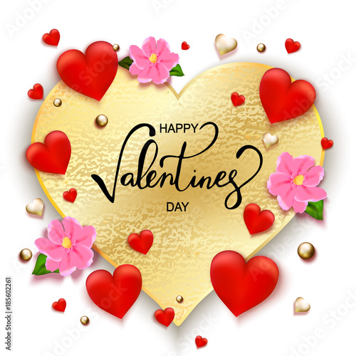 Valentines day background with hearts, flowers, gift box and hand lettering. Vector. Wallpaper.flyers, invitation, posters, brochure, banners