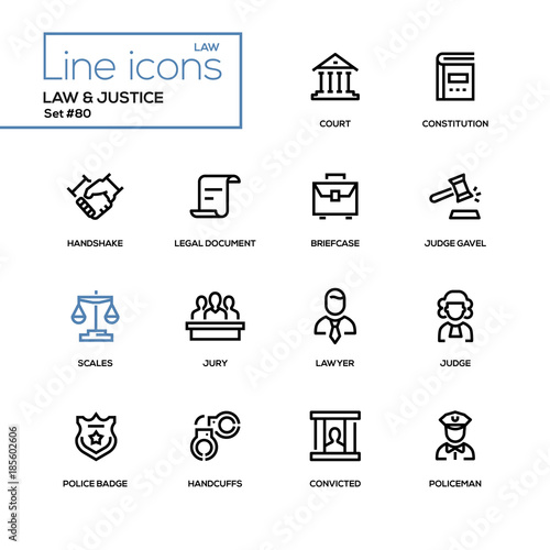 Law and justice - line design icons set
