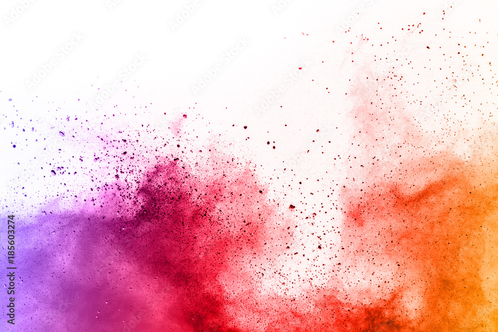 abstract multicolored powder splatted on white background,Freeze motion of color powder exploding.