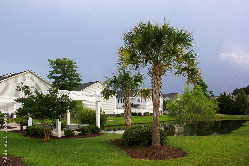Southern modern architecture and vacation rentals background.Myrtle Beach suburb before thunderstorm view with sky, covered by gray clouds over buildings around the pond and palm trees on a foreground
