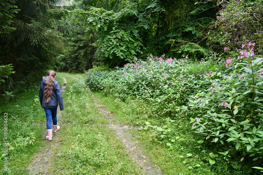 Mädchen im Gummistiefel wandert durch Wald Mädchen im Gummistiefel wandert durch Wald
