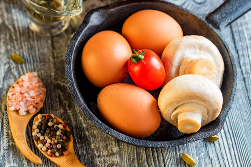 Vegetables, eggs and mushrooms. Rustic food