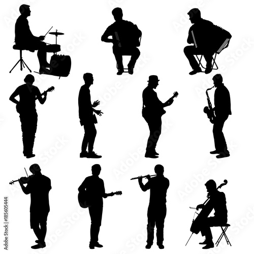 Silhouettes street musicians playing instruments on a white background