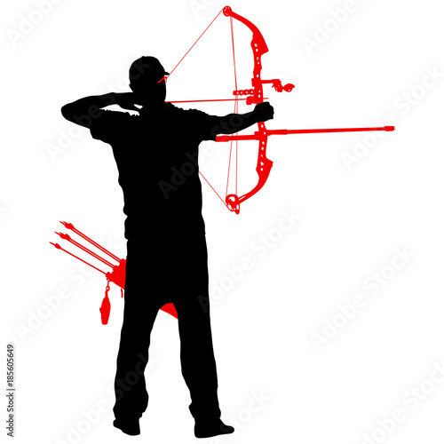 Silhouette attractive male archer bending a bow and aiming in the target