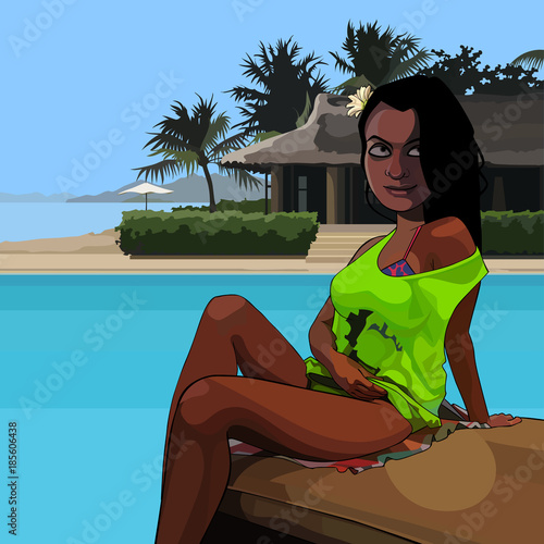 cartoon attractive woman sitting poolside in the tropics