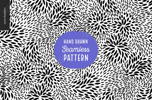 Hand drawn black and white pattern. Fur or leaves seamless black and white pattern