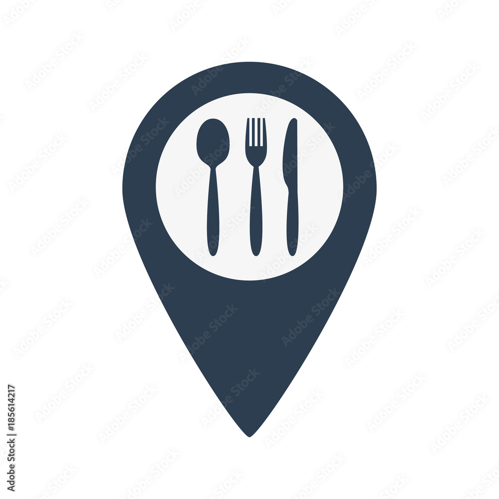 Map marker location with fork spoon and knife. Map marker location with fork spoon and knife.